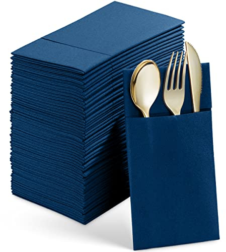 Engångs linnekänsla middagsservetter med inbyggd bestickficka, 50-pack BLÅ Prefolded tyg som pappersservetter för bröllop, middag eller fest