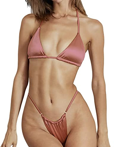 Silkglory Maillot de Bain String,Maillot de Bain Femme 2 Pieces Bikini Triangle Coupe Haute,String Lace Up Rose Glitter Bikini Sexy Dos Nu Boucle Métal Maillot de Bain - L