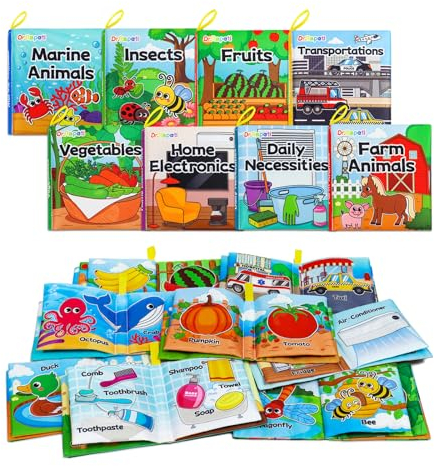 Dr.Rapeti 8 Stück Stoffbuch für Babys, Baby Soft Tuchbuch, Baby Pädagogisches Spielzeug, Vorschulspielzeug, Waschbar Anti Tear Badebuch, Früherziehung Spielzeug (Das Stoffbuch ist auf Englisch)