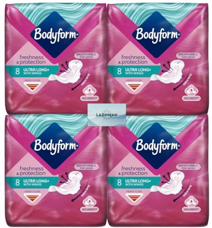 Bodyform 8 Pieces Ultra Long Sanitary Towels with Wings Heavy Flow, Breathable Top Layer, Leak-Proof, Overnight Period Pads, Freshness and Protection for Women (Pack of 4)