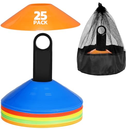 GHB Hütchen 25er Fussball Hütchen Fußball zubehör Slalom Hütchen Markierungshütchen für Fussball Training Agilität Geschenk Jungen Kinder Spieler mit Halter und Tragetasche