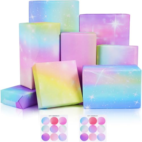 MAMUNU Geschenkpapier Geburtstag, 6 Bögen Regenbogen Farbverlauf Geburtstagspapier, Rosa und Lila Geschenkpapier Set mit Aufkleber für Geburtstag, Hochzeit, Babyparty,Valentinstag, 70 x 50 cm