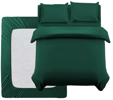 Oxford Homeware King Size Duvet Cover Sets Emerald Brushed Microfiber 4 Piece king size Bedding Set with Fitted Sheet and Pillow cases Soft Breathable Duvet Cover Sets