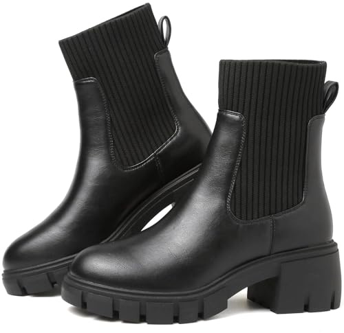 Bravover Chelsea Boots Women Waterproof Platform Pull On Chunky Heel | PU upper ribbed elastic side panels back pull tabs round toe and deep lug tread for commuting shopping and daily wear