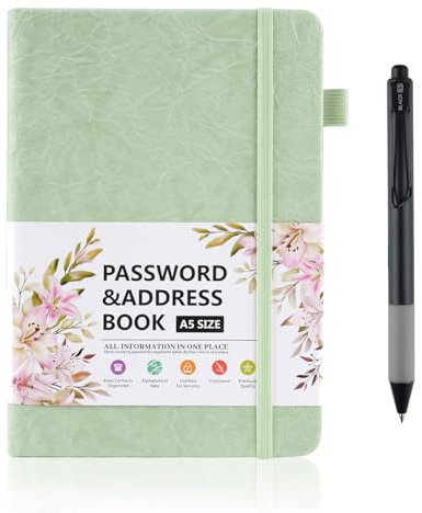 Deepton Passwort Buch, Passwortbuch mit Register A-Z, Notizbuch mit Register A5, Organizer für Websites, Benutzernamen und Passwörtern, Platz für 480 Passwörter, mit Gelstifte, Grün