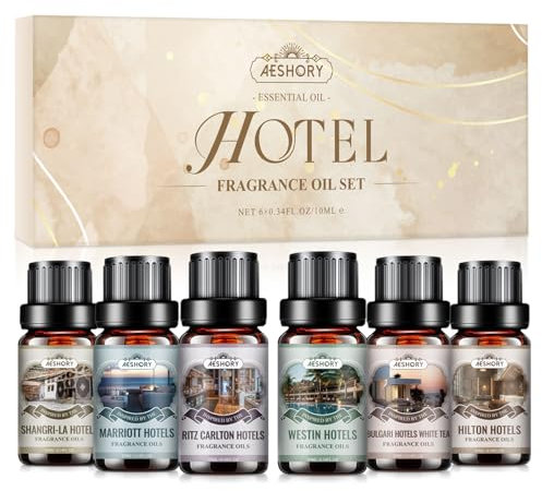 AESHORY Hoteles Aceites Esenciales para Humidificador 6 x 10ML, Aceite de Fragancia de Aromaterapia para Hoteles Populares, Shangri-La/Marriott/Ritz-Carlton/Hilton/Hotel Westin/Té Blanco