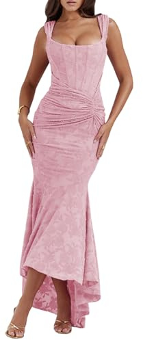 TACSTRUN Vestido De Corsé De Las Mujeres Sexy Tubo Superior Espagueti Correa Midi Vestido Bajo Corte Floral Flácido Plisado Dobladillo Vestidos Formales,Rosado,S