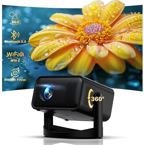 Projector for Bedroom, Portable Projector with WiFi 6 and Bluetooth, 1080P HD Support, 360° Adjustable Stand, Electric Focus & Auto Keystone Correction, Compatible for TV Stick, HDMI, USB, Tablet