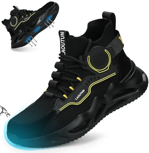 LAoutun Safety Trainers Lightweight Steel Toe Cap Trainers Mens Work Shoes | Steel Toe Cap Shoes for Men Comfortable Industrial Protective Work Footwear Dark Black