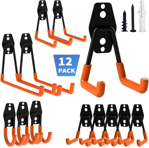 Garage Storage Hooks, 12 Pack Heavy Duty Garage Hooks, 4 Sizes Heavy Duty Wall Mount Hook for Hanging Bike, Ladder, Garden Tools & Shed Accessories Tools, Hose, 24 Screws, Wide Thread Screw, Anchors