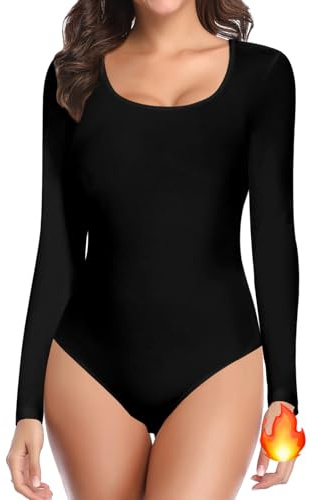 SHAPERIN Body Manga Larga Mujer Bodysuit Top Térmico Cuello Redondo Jersey Abrigado Camiseta de Otoño Invierno, Negro, M