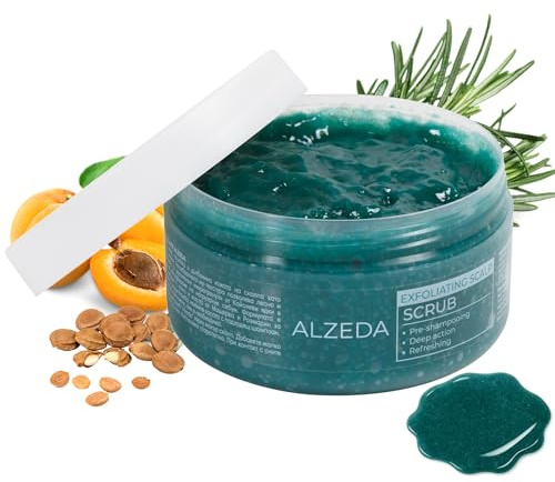 ALZEDA Exfoliante para cuero cabelludo, 250 ml, exfoliación mecánica con polvo de albaricoque y sílice, desoxidante fresco con té verde, pre-champú, elimina el sebo y los residuos, para cuero