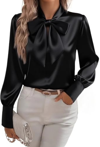 HESYSUAN - Camisas de lazo de raso para mujer, blusas de seda elegantes de manga larga, tops casuales elegantes de negocios y trabajo para mujer 2025, Negro, L