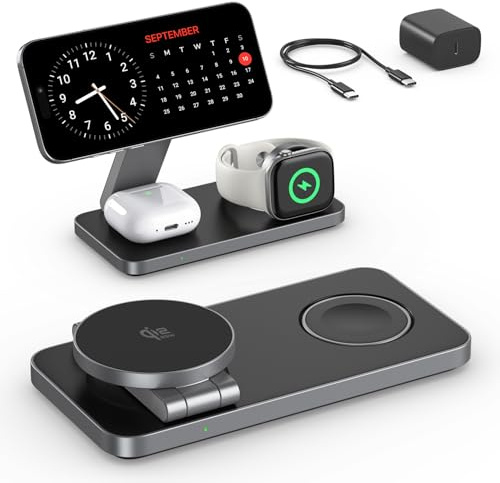 Qi2 25W Estación de Carga 3 en 1 para iPhone 17e/17/16/15/14/13/12/Air, Compatible con Apple Watch 11/10/Ultra/SE Pods Pro, Cargador Plegable con Adaptador
