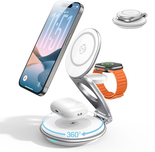EXW Chargeur Induction, Mag-Safe 3 en 1 Station de Charge sans Fil Rapide,pour iPhone 17 16 15 14 13 12 Pro/Max/Plus, Apple Watch 9 8 SE 7 6 5 4 3 2, Airpods 2/3/Pro(Chargeur 30W Inclus)