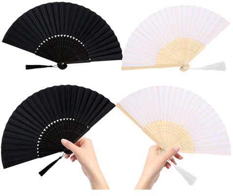 4Pcs Handheld Folding Fans with Tassels | Portable Foldable Design, Silk Fabric & Bamboo Frame | for Yoga, Dance, Wedding Decor, Summer Cooling, Photography Props | Gift for Women, Dancers, Performers