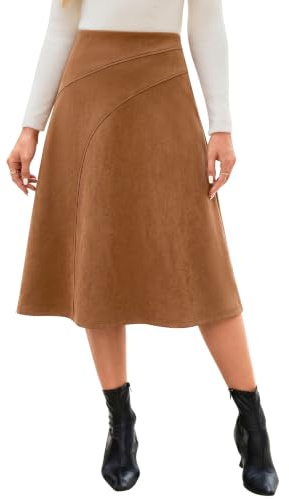 Fashora Jupes Femme Mi Longue Hiver Simili Cuir Daim | Taille Haute, A-ligne, Extensible, Fermeture Éclair, Faux Daim, Chic et Elegant, Printemps, Automne, Hiver
