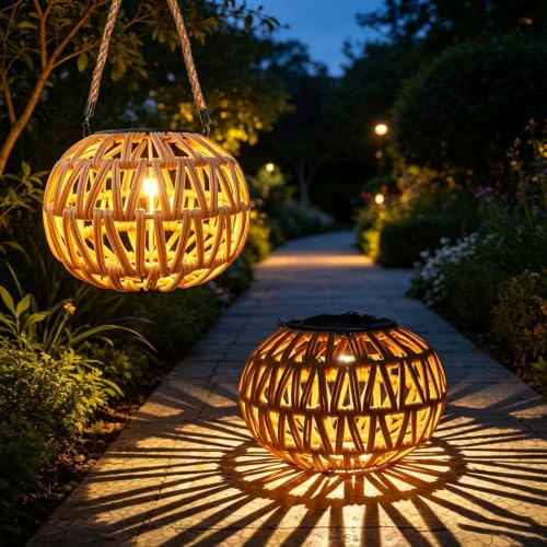 Lanterne Solaire Extérieur,2 Pièces Lampe Solaire Exterieur Suspendue,Rotin Lampe Solaire Exterieur,IP65 Étanche Lanterne Solaires,pour Jardin,Balcon,Extérieur,Terrasse,Cour
