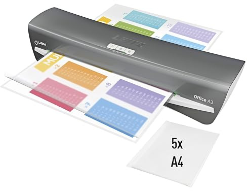 Leitz iLAM Office A3 Laminator – Ultra-Fast 1-Minute Warm-Up, 75-125 Micron, Smart LED Status, Entry Guide LEDs, Anti-Jam, Auto Shut-Off, Includes 5 x A4 Laminating Pouches, Grey/ White, 72531084