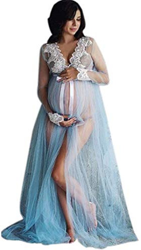 Vuncio Femmes Enceintes Robe de Maternité Dentelle à Manches Longues Maxi Robe Vêtements de Shooting Photo à Lacets Été Robe Longue Photographie Robe Grossesse Soirée Mariage Cérémonie Cocktail
