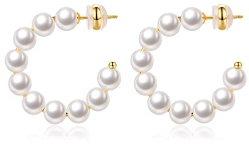 Boucles d'oreilles créoles perle pour femmes Boucles d'oreilles pendantes hypoallergéniques, boucles d'oreilles rondes ouvertes plaquées or 14K Bijoux cadeau d'anniversaire pour femmes