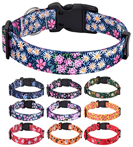 HQYDDMI Hundehalsband, Weich & Komfort Nylon Hunde Halsband, verstellbar für Katze, Welpen, kleine, mittelgroße und große Hunde, mit Blumen Muster(Bunt Blumen,M)