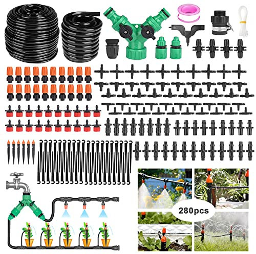 Drip Irrigation System, 280 Pcs Micro Drip Irrigation Kit, 147FT/45m Drip Irrigation Hose with Adjustable Nozzle Dripper Sprayer, Automatic Irrigation Garden Plant Watering Kit for Lawn, Garden, Patio