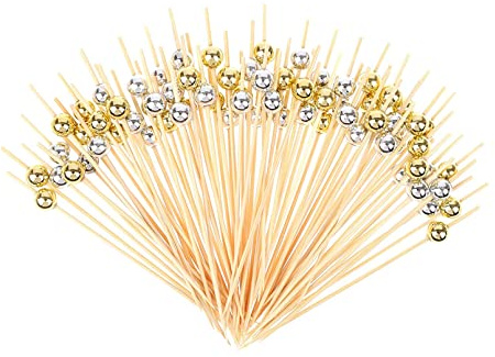Palillos para cóctel, 100 palillos para cóctel, palillos de madera para cóctel, cuentas de madera en palillos de dientes para bebidas, comida, fruta, postres, suministros para fiestas. (12 cm / 4,7