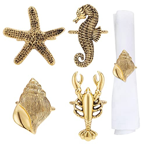 GORGECRAFT 4 Stile Nautische Serviettenringe Meerestiere Thema Legierung Serviettenringe Antik Goldene Muschel Seepferdchen Garnelen Seestern Serviettenhalter Schmuck Für Dinner Tischdekoration