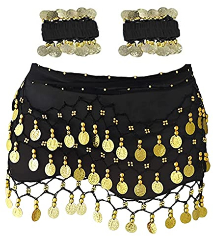 Sciarpa alla pancia da ballo con bracciali, Cintura di avvolgimento della sciarpa di danza del ventre in chiffon con monete d'oro per le lezioni di yoga di danza del ventre di costumi di performance