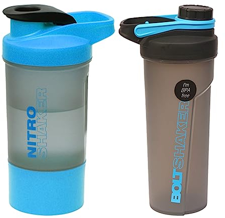 Set of 600ml with 700ml – Bolt Shaker + Nitro Shaker - Steel Wire Whisk Ball, Measuring Guide, Flip Cap/ Screw Cap and Detachable Jar Spill Proof Protein Shaker Bottle Sport Bottles Fitness Gym - BLUE