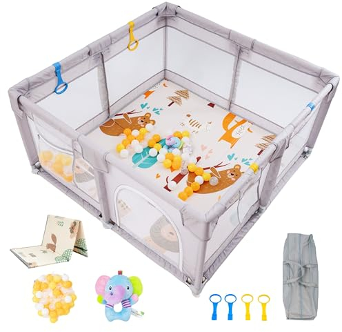 Akeraq Laufgitter Baby 127x127cm, Laufstall Baby mit matratze, Atmungsaktives Netz, Rassel, Spielbälle und Zugringe, Tragbar
