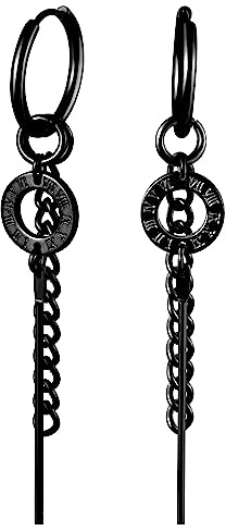 feilok Pendientes de doble cabeza digitales romanos con barra de cadena circular, acero inoxidable negro para hombres y mujeres