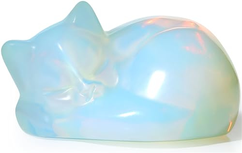 YATOJUZI 2 Cat Decors Statue Opal Moonstones Crystals Opalite Sleeping Cats Gemstone Hand-Carved Cute Animal Figurines Home Office Desk Decor Stocking Stuffers Cat Themed Ornaments Gifts for Women