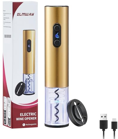ELMWAY VinoLux Series Rechargeable Electric Wine Opener – Electric Corkscrew with Dual LED Lights, Brushed Stainless Steel Body & Foil Cutter – Gold