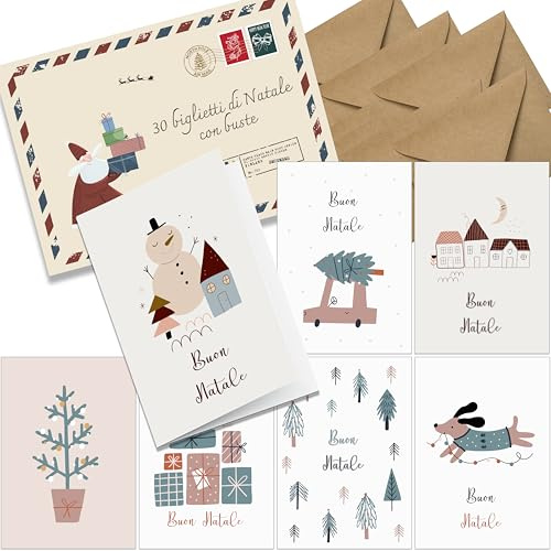 the lazy panda card company Set di 30 biglietti di Natale con busta - in italiano - A6 pieghevoli Biglietti di auguri natalizi