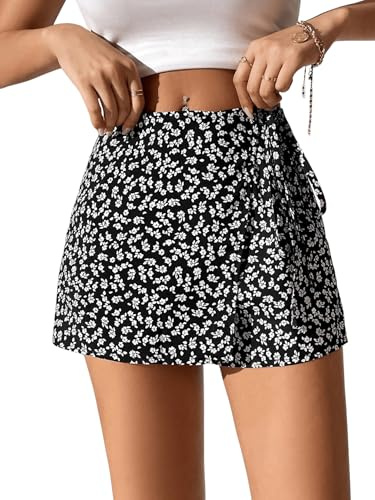 GORGLITTER Falda corta de verano para mujer, con pantalón, minifalda envolvente, falda floral, falda de verano, bohemia, falda casual, Negro , M