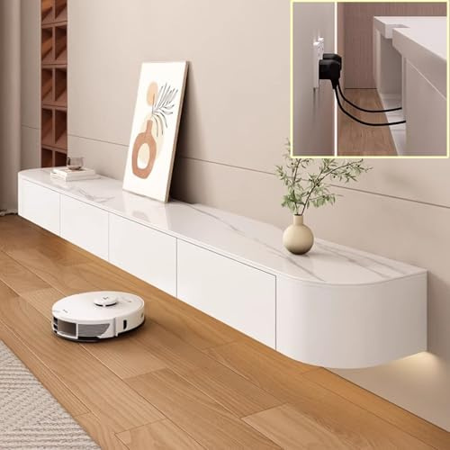 XDXINY Svävande TV-multimediakonsol, väggskåp, TV-bänk, stor förvaringsenhet under TV, nedsänkt skåp med lådor och routerstativ (vit sten, 200 x 20 x 24 cm)