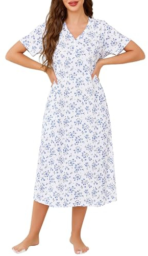 Lovasy Women's Nightdresses & Nightshirts Long Cotton Nightdresses for Women UK Button V Neck Nighties for Women Soft Night Dress Women UK Loose Fit Ladies Nighties with Pockets,Blue Floral,L