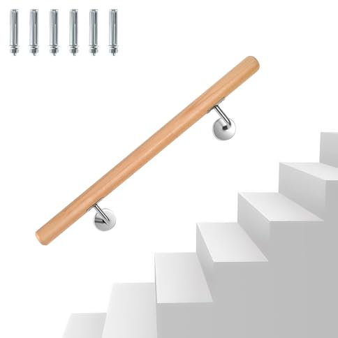 Eikuavons Handlauf Buche Holz, 80cm Geländer Wandhandlauf Wand Treppe mit Wandhalterung und Endkappen, Rutschfester Holzhandlauf Treppengeländer für Treppen Balkon, Runder 42 mm Ø