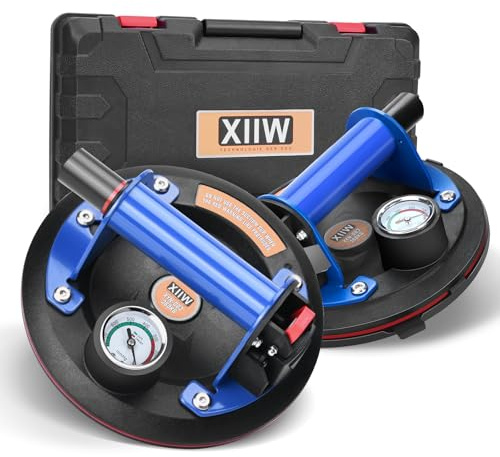 2X 8'' Vakuum sugnålar Metallgrepp med Manometer, Suglyft Glaslyft Max.360kg, Flieslyft Sugställ med Låda, Glassugare Plattlyft för Laminat, Kakel, Glas, Metaller, Glasplattor, Marmor
