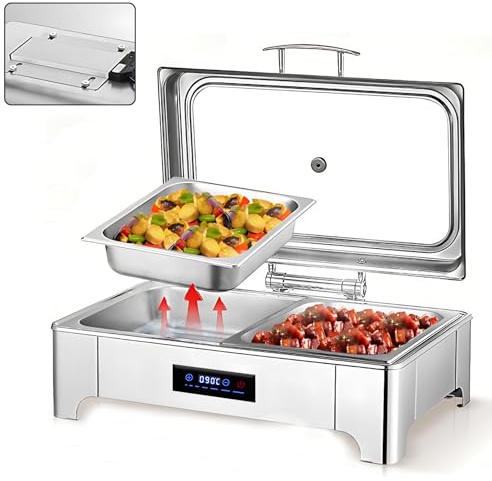 Aocay Chafing Dish Elettrico, 9L Scaldavivande Elettrico per Buffet in Acciaio Inox, Professionale ontenitore Scalda Cibo Temperatura Regolabile per Buffet, Ristoranti, Hotel(B,1/2 Pan)