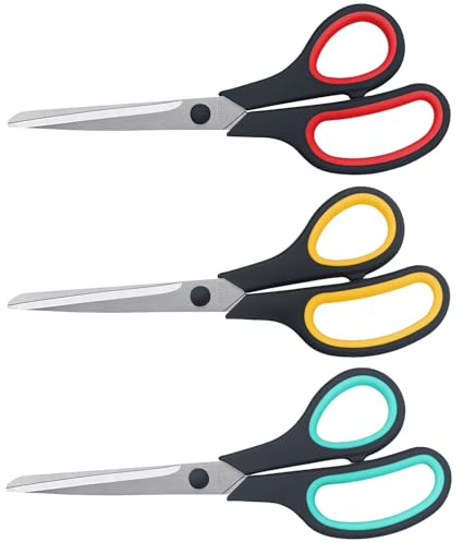 Scissors 8.5 Inch all purpose Bulk Set of 3, Scissors for Office Home School Craft Supplies, Soft Comfort-Grip Right/Left Hand, Black