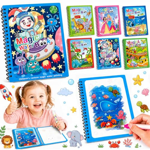 Tangdudu Lot de 6 Livres de Coloriage à l’Eau pour Enfants, Livre Coloriage Magique Réutilisable avec 6 Stylos à Eau, Livre Magique Eau, Activité de Voyage pour Enfants 2 3 4 5 Ans