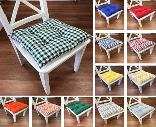 Tropik Home Colourful Seat Pads, Garden Kitchen Dining Chair Cushions Tie On (Green Gingham)