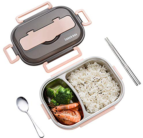 amropi Scatole Bento Lunch Box Acciaio Inossidabile Contenitori 2/3/4/5 Scomparto Dispensa con Bastoncini e Cucchiaio (Rosa, 2 Scomparto)