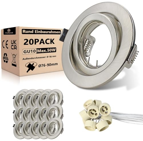 Unikcst 20er LED Einbaustrahler GU10 Set Einbauleuchten Rahmen Groß Schwenkbar Rund Einbauspot 230V Gebürste Edelstahl Durchmesser 98mm, Lochmass 76-90mm