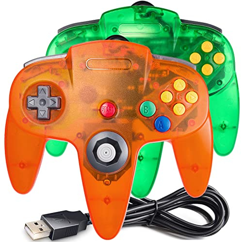 2 Pack USB N64 Controller, Wired PC Gamepad [3D Analog Stick] for Windows PC MAC Linux Raspberry Pi Genesis Higan Project 64 Retropie OpenEmu Emulator (Plug & Play) (Clear Green/Clear Orange)