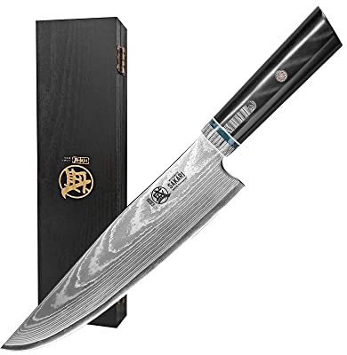 MITSUMOTO SAKARI Couteau de cuisine Kiritsuke 20 cm, Couteau de cuisine forgé à la main en acier Damas, Couteau de cuisine japonais en acier HAP40 en poudre(Boutique Boîte en bois)