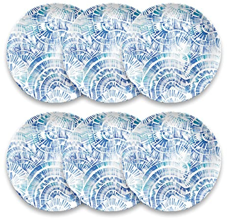 Abode Homewares Coastal Scallops 10.5'' Durable Melamine Dinner Plates, Shatter-Resistant and Dishwasher-Safe Indoor/Outdoor Dinnerware for Camping and Outdoor Dining - Blue - Set of 6